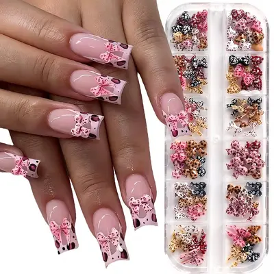 Cross-border New Arrival Nail Accessories, Ins Style Spicy Girl Polka Dot Leopard Print Bow 12-Grid Mixed Set 3D Nail Decorations