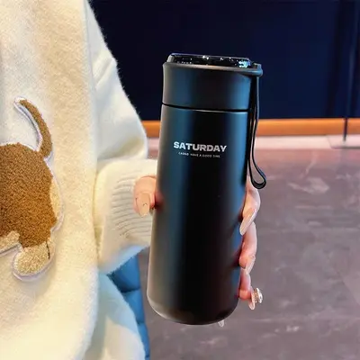Smart thermal mug with built-in tea strainer, portable