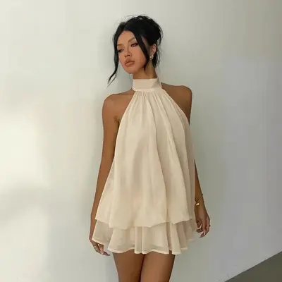 Backless halter neck tie-waist solid color summer dress - 9