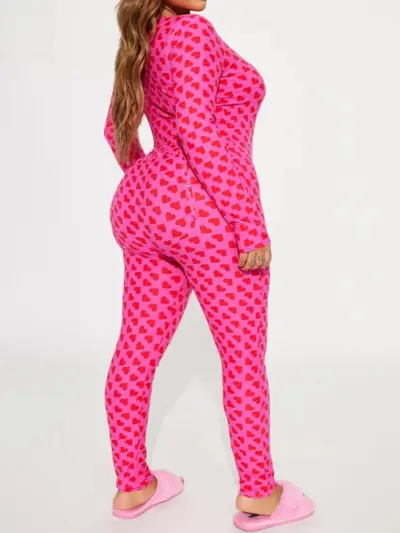 Valentine's Day Printed Jumpsuit with Open Back Button Detail, Sexy Sleepwear