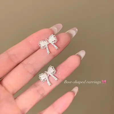 S925 silver needle zircon pearl earrings high fashion bow retro earring design Korean earrings - 12