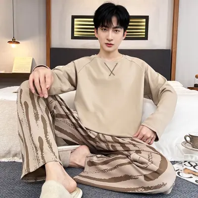 Men's Long-Sleeve Round-Neck Pajama Set for Spring and Autumn - 8