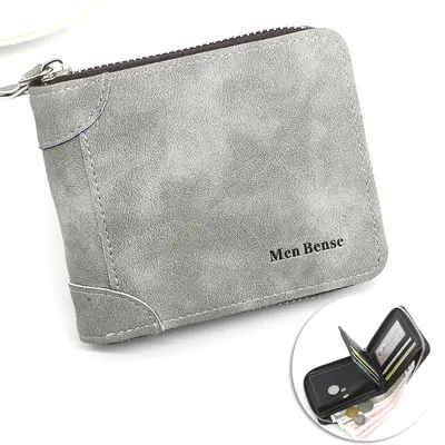 Men's Short Zip Bi-Fold Wallet, Retro Matte PU, Coin Pocket - 8