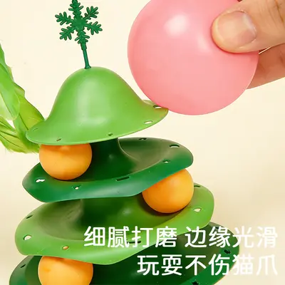 Christmas Turntable Cat Toy with Ball, Feather and Bell Teaser Wand - 4