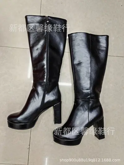 Women's Platform Knight Boots, Side Zipper, Chunky Heel, Mid-Calf Western Boots