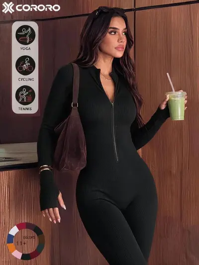 Women's Zip Long Sleeve Yoga Jumpsuit with Thumb Holes, Butt-Lifting Sports Bodysuit - 3