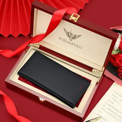 Men's Genuine Leather Short Wallet with Red Lining - 12