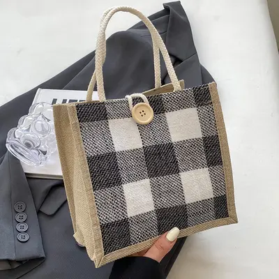 Kadın jüt kumaş el çantası, retro keten alışveriş çantası - 9