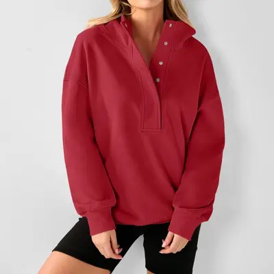 Women's Half-Button Loose Long-Sleeve Hooded Sweatshirt