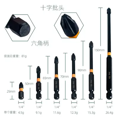 Yunbei Cross Screwdriver Bit, Black Impact Ball Head, Phosphated, 1/4 Hex Shank - 7