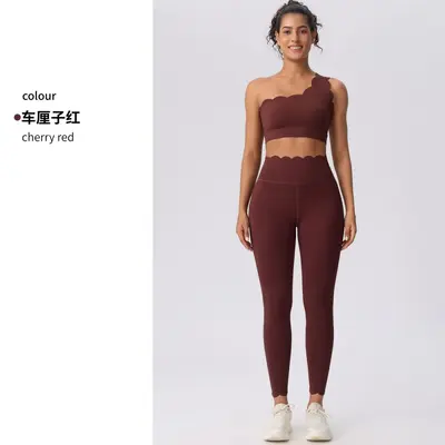 Women's Two-Piece Yoga Set with Wave Ruffle One-Shoulder Bra and Cropped Pants - 7