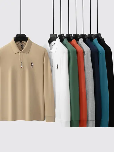 Men's Long Sleeve Pure Cotton Embroidered Polo Shirt