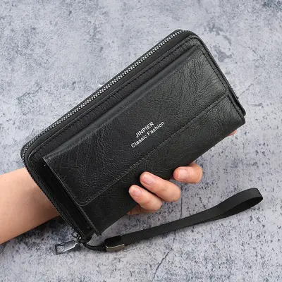 Men's Long Wallet with Multiple Card Slots, Large Capacity, Zipper and Clasp - 1