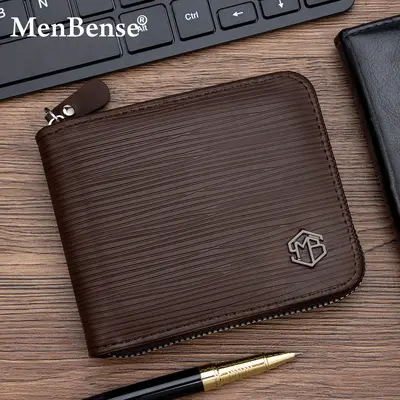 Men's Short Wallet with Zipper Coin Pocket and Chain - 3
