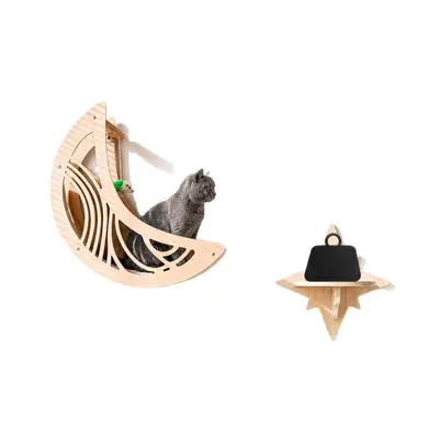 Wooden Cat Wall Shelf with Star and Moon Hammock Climbing Set
