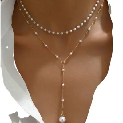 Pearl necklace Y-shaped with tassel, layerable