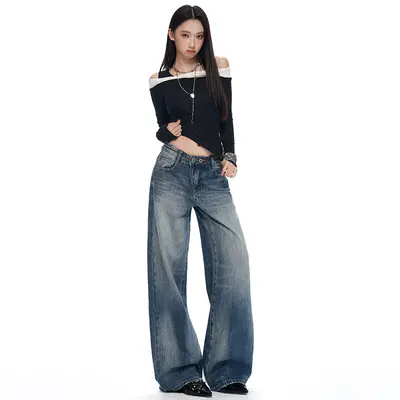 Çift Düğmeli Bel Vintage Düz Kot Pantolon Kadın Geniş Paça