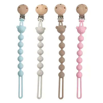 Baby Silicone Pacifier Chain Bear Anti-Lost Beech Wood Clip