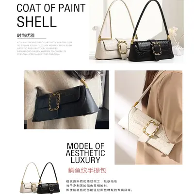 Women's Crossbody Bag, Solid Color PU Leather, Crocodile Pattern - 3