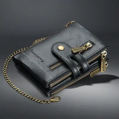 Baellerry Top-Grade New Men's Large-Capacity Short Wallet Anti-Lost Chain Double Zipper Multi-Card Slot Wallet