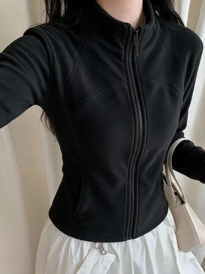 Kadın Slim Fit Polar Fleece Fermuarlı Ceket, Kalın, Dik Yaka, 2026 Sezon