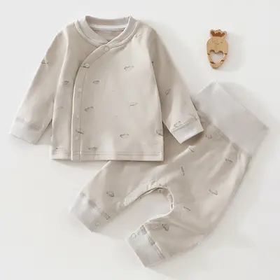 Pure Cotton Seamless Baby Set, Side Button, High-Waist Belly Protection, Two-Piece - 3