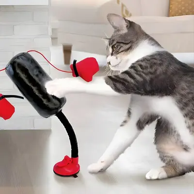 Kedi Boks Eldiveni Oyuncak Seti, Vantuzlu Direkli Kedi Kum Torbası Oyuncağı - 5