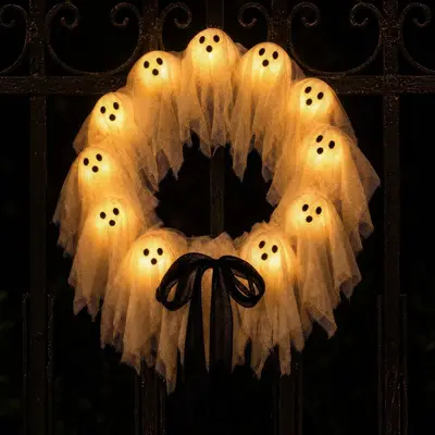 Glowing Ghost Halloween Door Wreath, 25 Pieces - 11