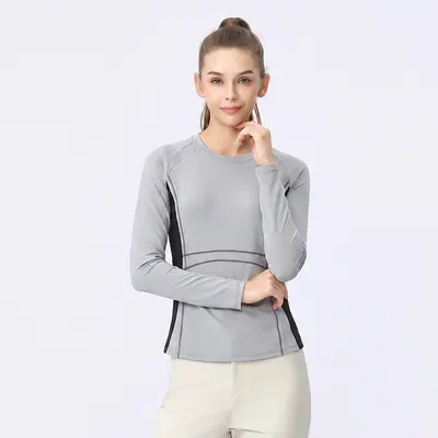 飞乐同款秋拼接排汗女款瑜伽长袖圆领上衣健身训练服女长袖速干衣