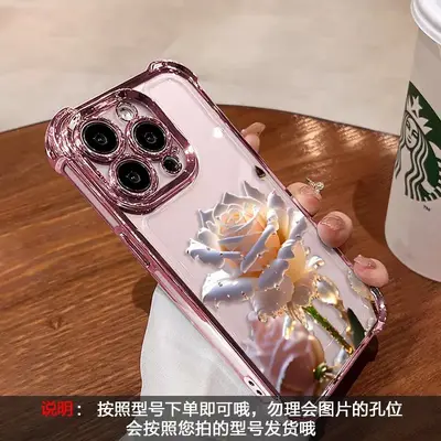iPhone 16, 15 Pro, 13, 12, X compatible crystal rose pattern airbag transparent electropla