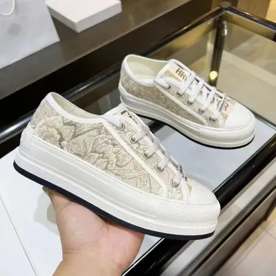 Women's Embroidered Canvas Lace-Up Shoes, Thick Sole, Hidden Heel