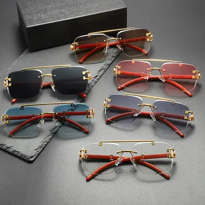 Wood Grain Leopard Head Sunglasses, Double Bridge Square Frameless, Sun Protection - 1