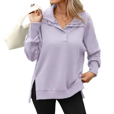 Women's Solid Color High Neck Button Long Sleeve Sweatshirt, Autumn/Winter 2026