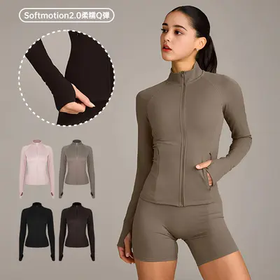 Kadın yoga ceketi, dik yaka, slim fit fermuarlı, parmak kancalı