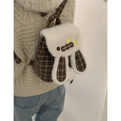 Women's Winter Woolen Plaid Mini Backpack with Cute Rabbit Plush - 8
