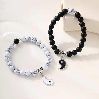 Yin Yang Tai Chi Couple Necklace and Bracelet Set, Black and White