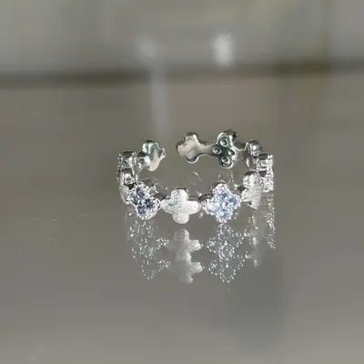 S925 sterling silver clover crystal ring, brushed, adjustable - 6