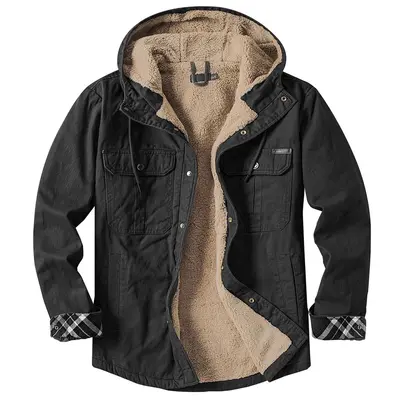 Men's Cotton Fleece-Lined Long Sleeve Shirt, Plus Size Thick Hooded Jacket