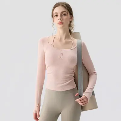 Women's Yoga Set with Chest Pads, Long Sleeve Fake Two-Piece Strappy Activewear - 7