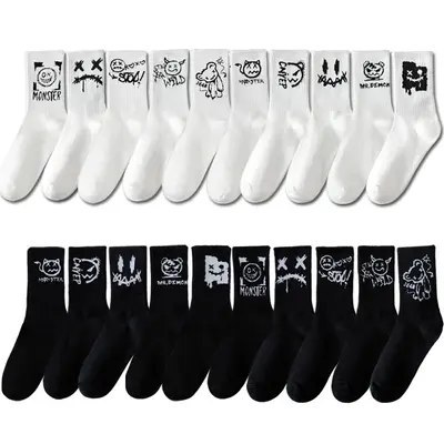 Ghostface Plus Size Women's Cotton Basketball Sports Socks Black and White - 7