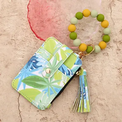 Floral PU Leather Women's Card Holder Wallet with Silicone Bead Bracelet - 8
