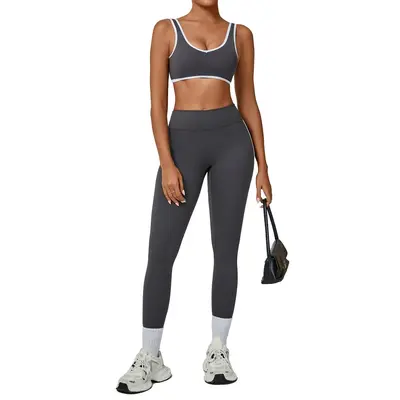 Contrast Binding Backless Yoga Set, Quick-Dry, 3914+4601 - 6
