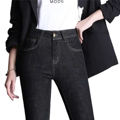 Women's High-Waist Black Jeans, Fleece-Lined Slim Fit