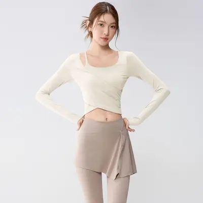 Women's Yoga Set with Built-in Chest Pads, Long Sleeve Faux Two-Piece Fitness Set - 7