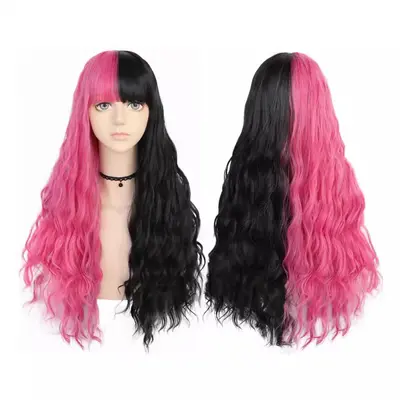 Cosplay-Anime-Perücke, Schwarz-Pink zweifarbig, langes lockiges Haar