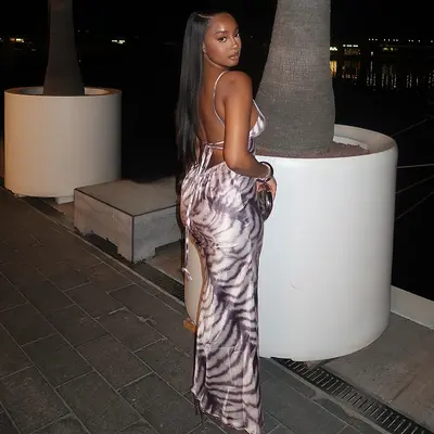 Women's Striped Spaghetti Strap Long Party Dress with Tie-Back