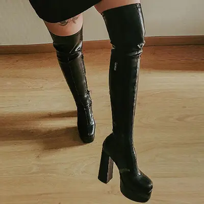 Seksi diz üstü yüksek topuklu çizme, yan fermuarlı, elastik