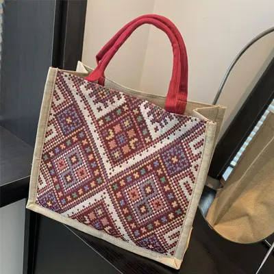 Cotton and Linen Bag, Ethnic Style, Jacquard Pattern - 9