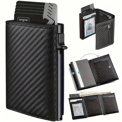 Karbon Fiber Desenli Üç Katlı Erkek Cüzdan, Fermuarlı Bozuk Para Bölmeli - 6