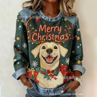 Women's retro Christmas print sweatshirt with round neck, autumn and winter